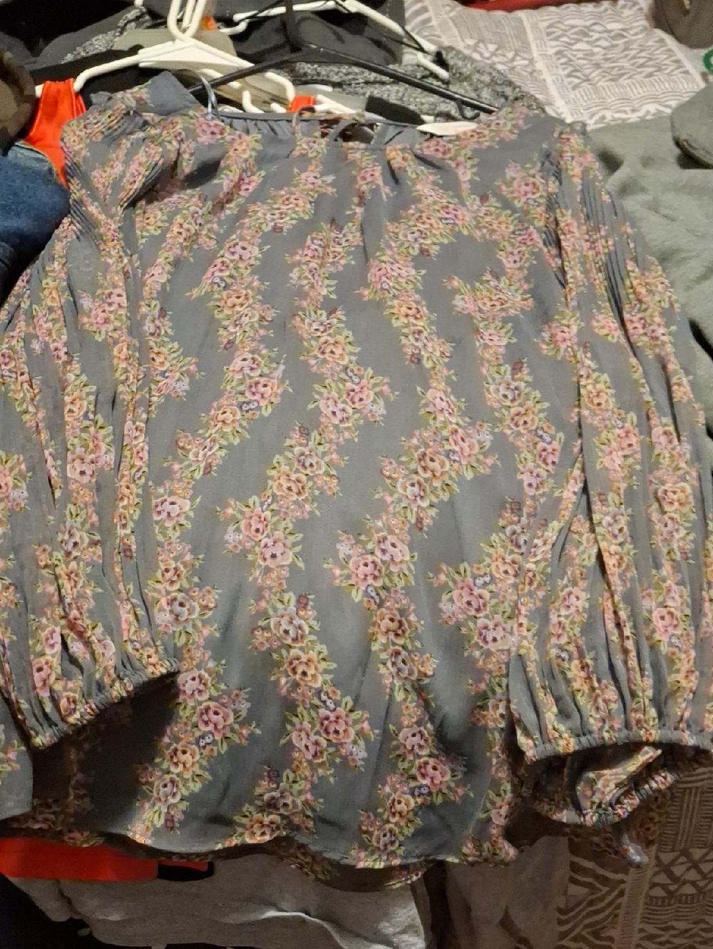 LC Lauren Conrad Gray Floral Blouse with Pink and Yellow Accents